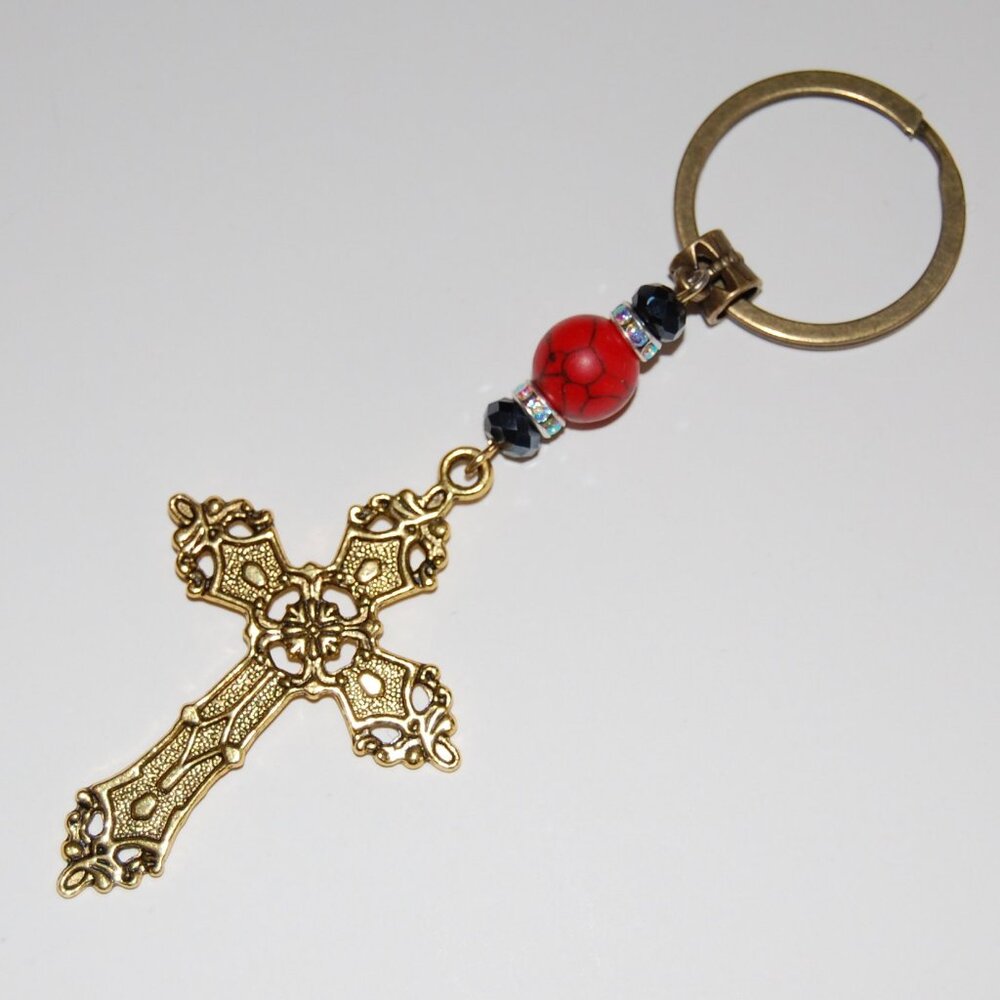 Cross Keychain,Cross Red Stone Bead Keychain,Prayer Keychain